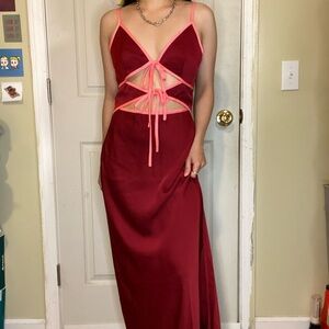 NWT MISHA Ramira contrast cut out maxi/midi dress in burgundy and pink